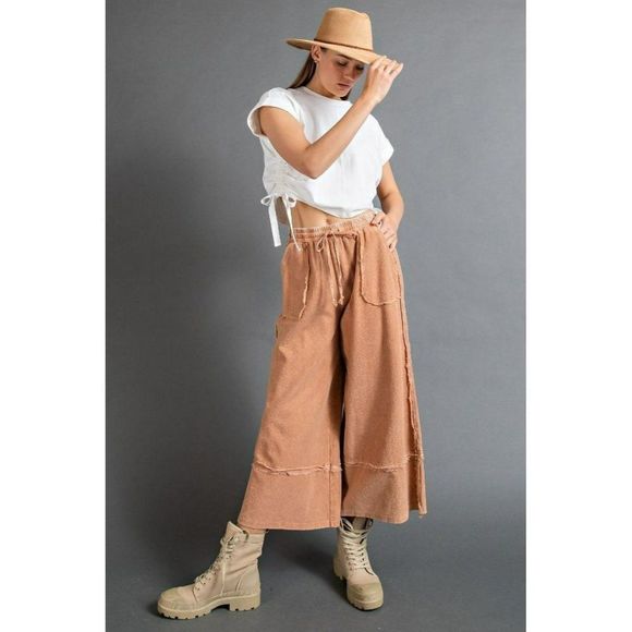Easel Washed Terry Knit Palazzo Wide Leg Boho Bohemian Pants in Cinnamon EB40797 - Picture 4 of 5